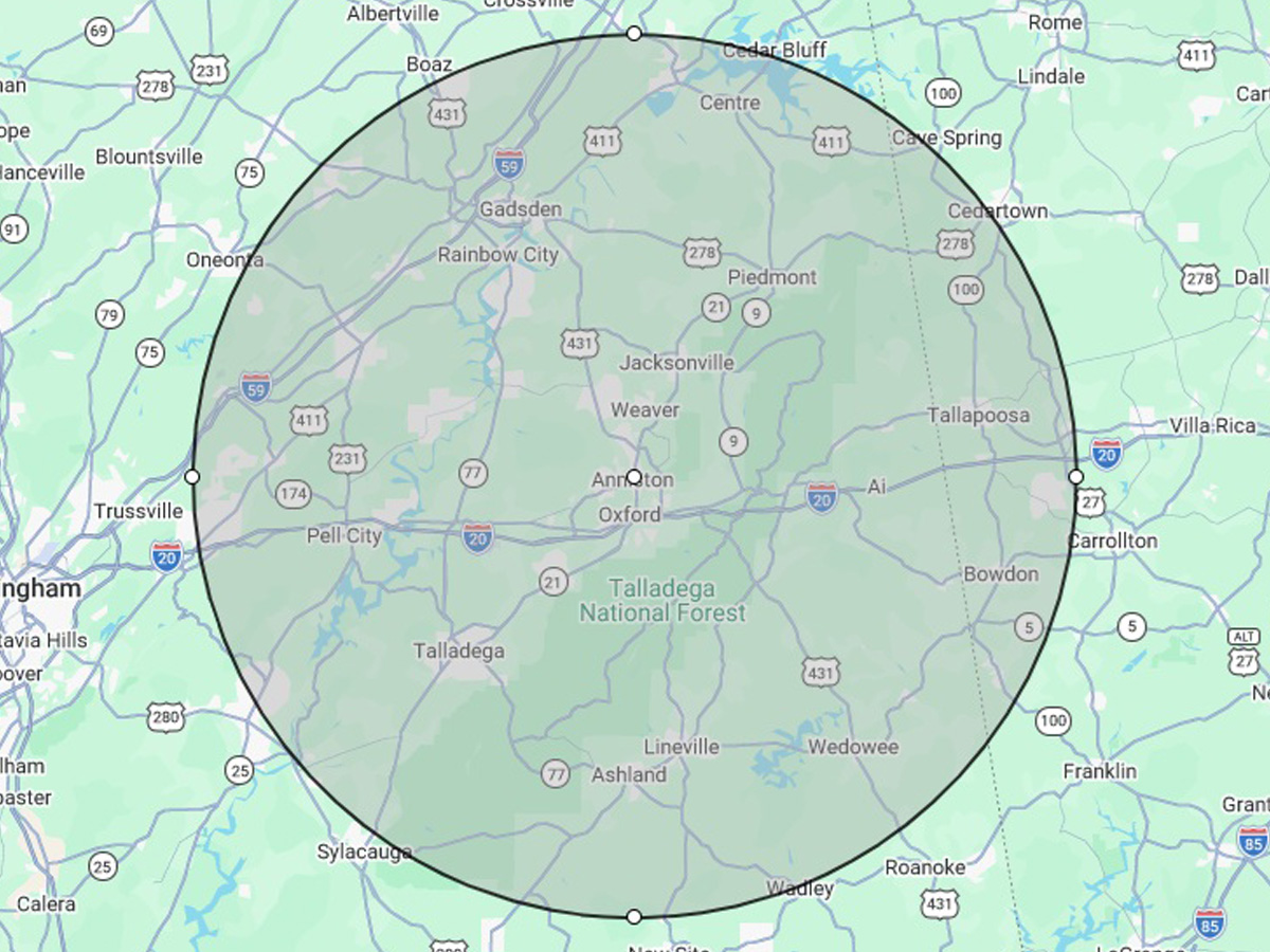 Service area map for M&E Metal Roofing serving Anniston and Northeast Alabama